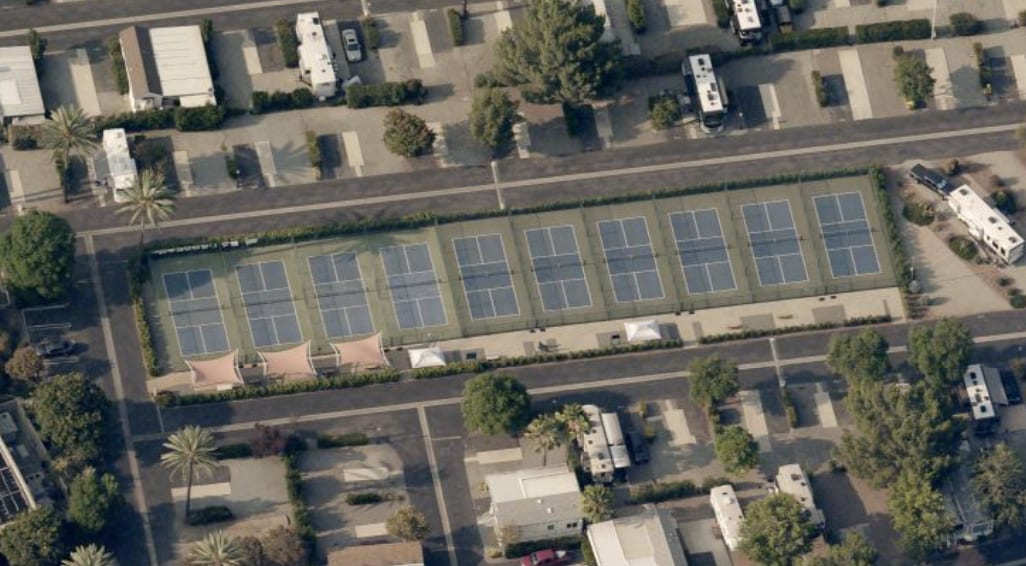 A pickleball court at Golden Village Palms Rv Resort.